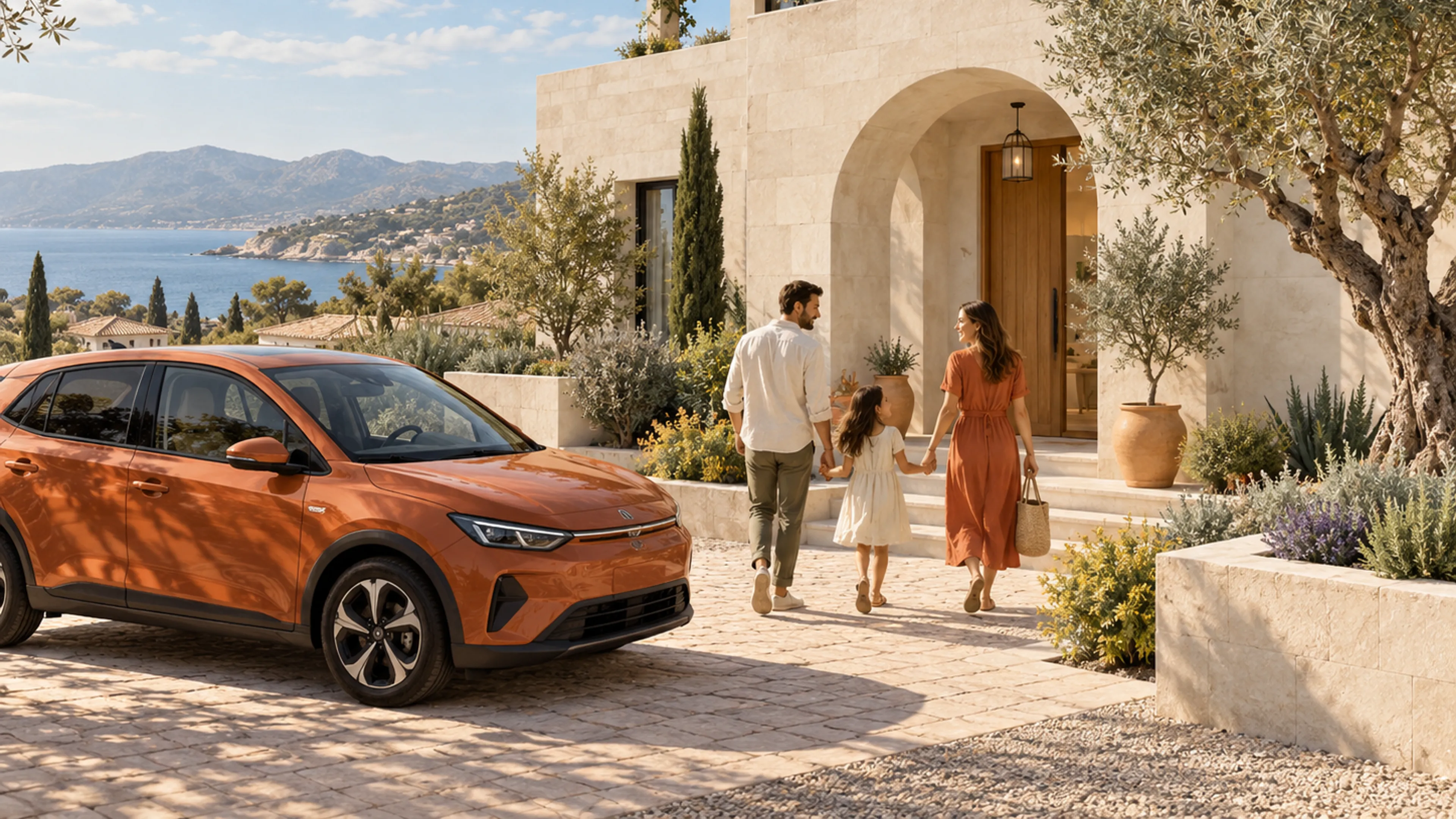 Eine illustrative Alltagsszene mit einem orangefarbenen Auto und einer Familie auf dem Weg zu ihrem Zuhause.